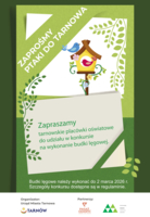 Na zdjęciu plakat konkursowy "zaproś ptaki do Tarnowa" na zielonym tle