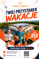 na plakacie biegnące i uśmiechnięte dzieci, w tle Arena Jaskółka Tarnów