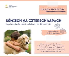 [plakat z informacjami o dogoterpii organizowanej przez CUS, na zdjęciu chłopiec przytulający goldena