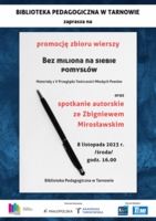 Plakat spotkania promującego zbiór wierszy „Bez miliona na siebie pomysłów”