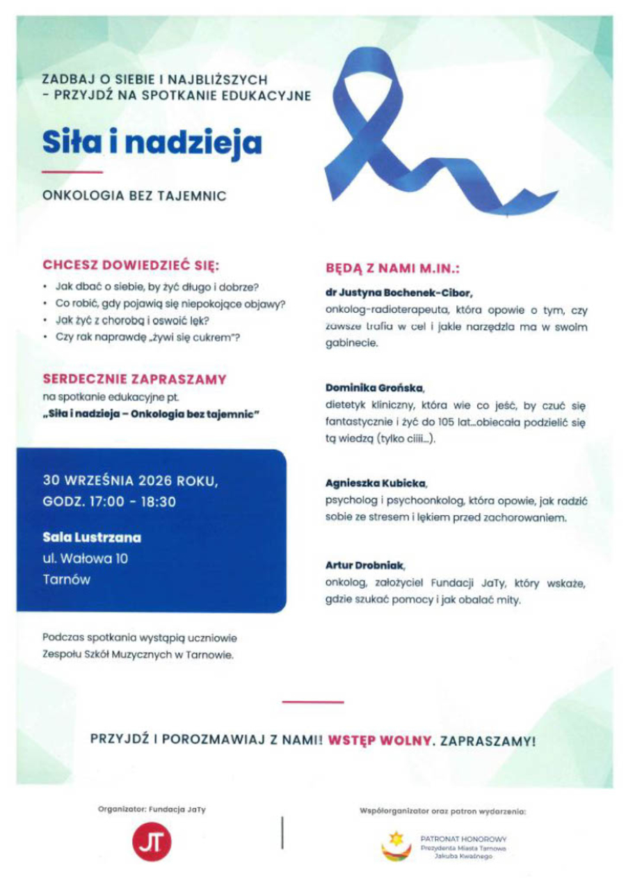 Plakat spotkania edukacyjnego „Siła i nadzieja – Onkologia bez tajemnic”