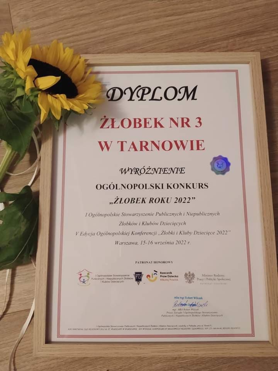 Dyplom dla Żłobka nr 3 w Tarnowie