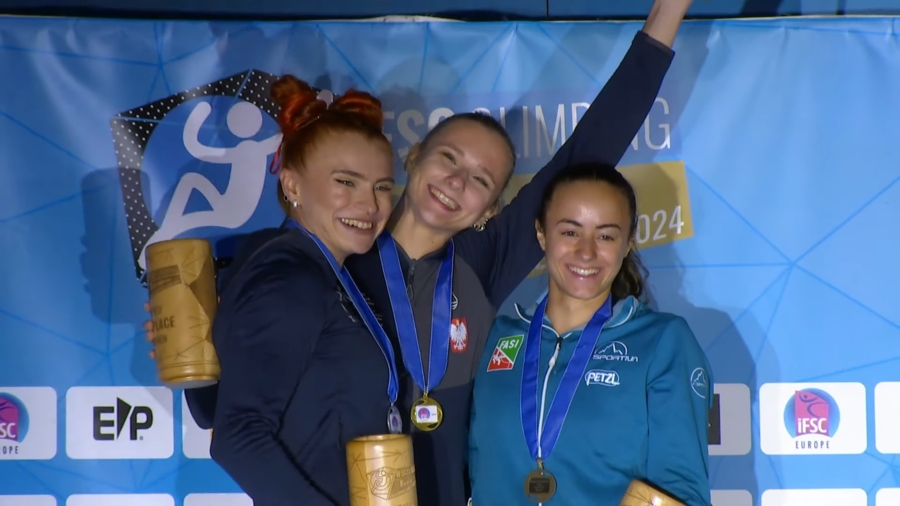Medalistki Mistrzostw Europy we wspinaczce sportowej w konkurencji na czas. W środku Natalia Kałucka