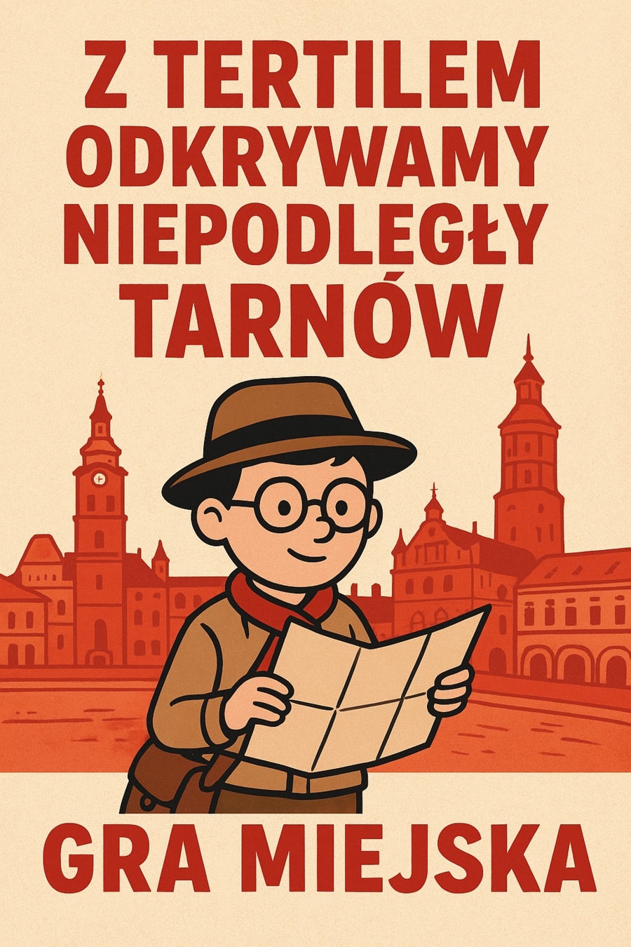 plakat z grą miejską, znajduje się na niej grafika chłopca trzymającego mapę
