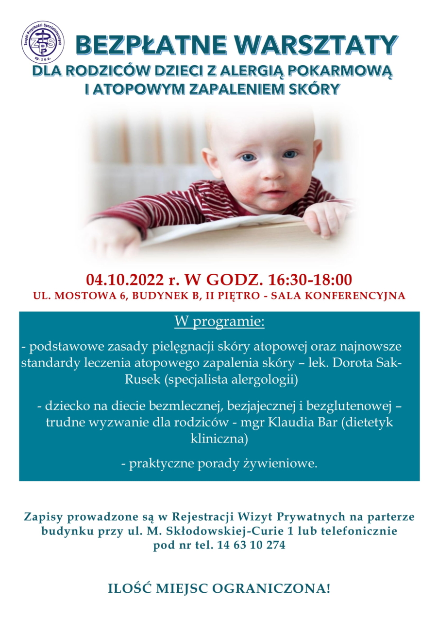 Plakat bezpłatnych warsztatów dla rodziców dzieci z alergią pokarmową oraz atopowym zapaleniem skóry