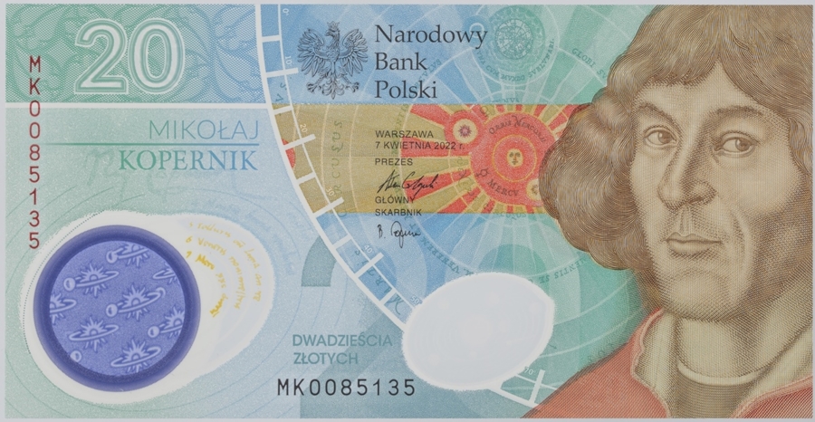 Polimerowy banknot kolekcjonerski wyemitowany z okazji 550. rocznicy urodzin Mikołaja Kopernika