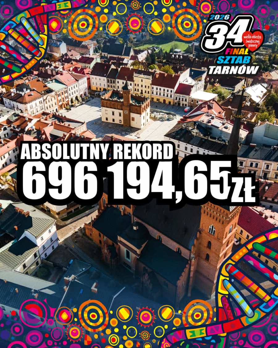 WOŚP - zdjęcie Tarnowa, dookoła kolorowe rysunki, w środku kwota 696 tysięcy zł