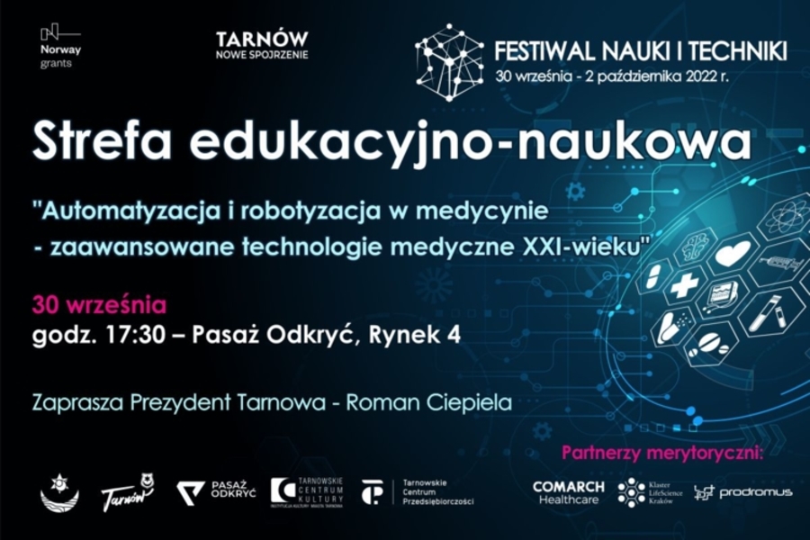 Plakat panelu dyskusyjnego „Rola automatyzacji i robotyzacji w medycynie – zaawansowane technologie medycznego XXI wieku”