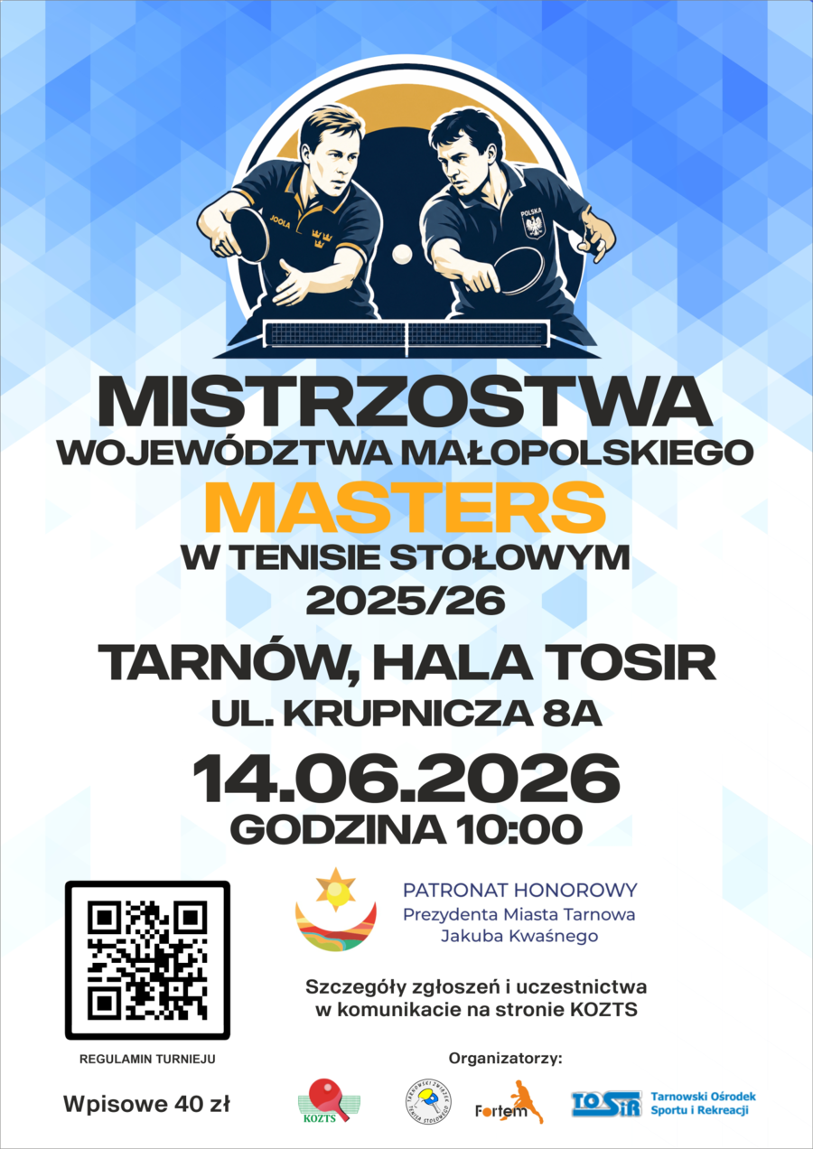 Plakat Mistrzostw Województwa Małopolskiego masters w tenisie stołowym